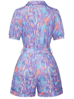 Sale Retro Stage 1960s Deep V-Neck Belted Lapel Romper Purple