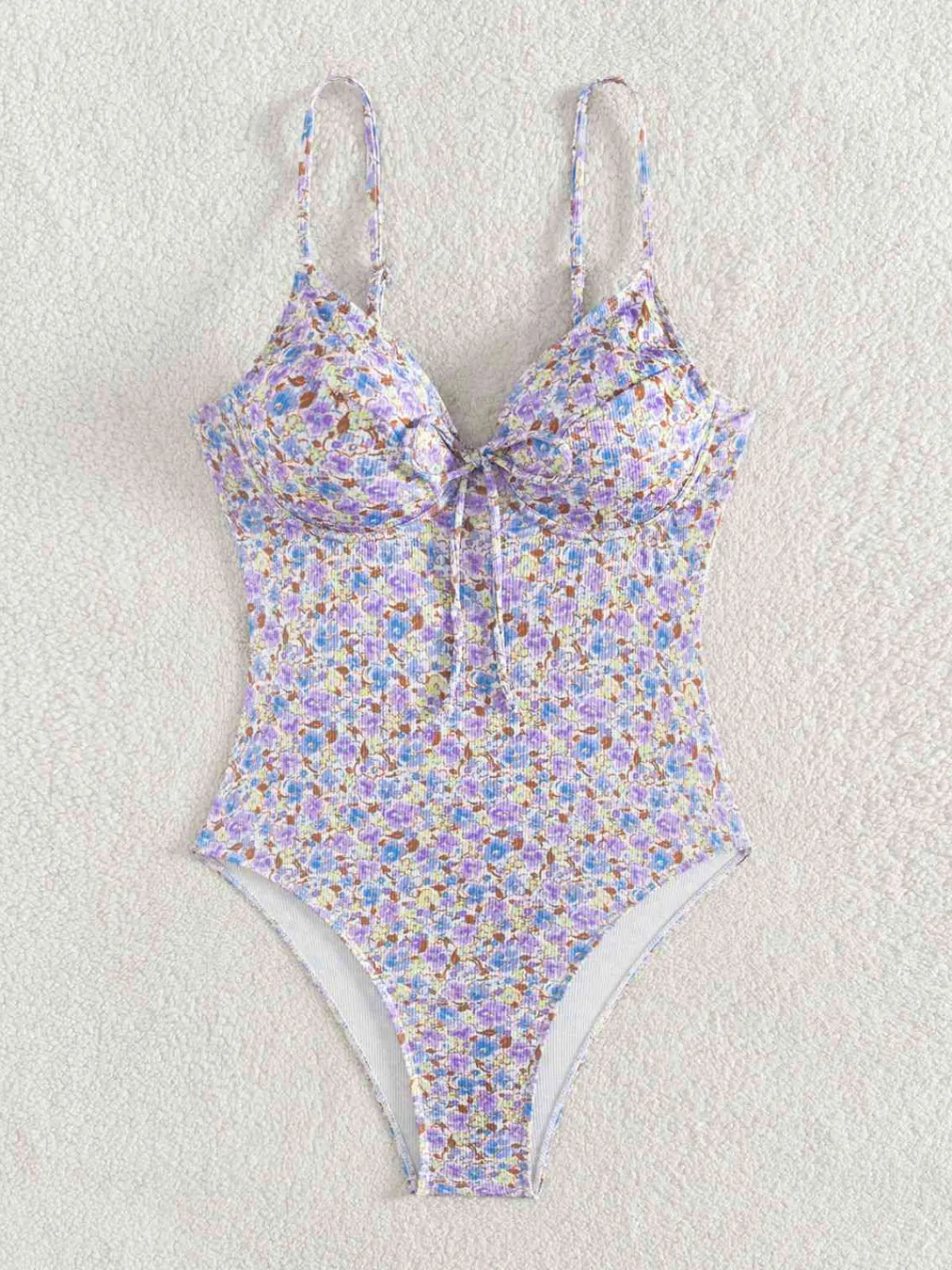 Sale Retro Stage 1950s Ditsy Floral Lace-Up One-Piece Swimsuit Purple