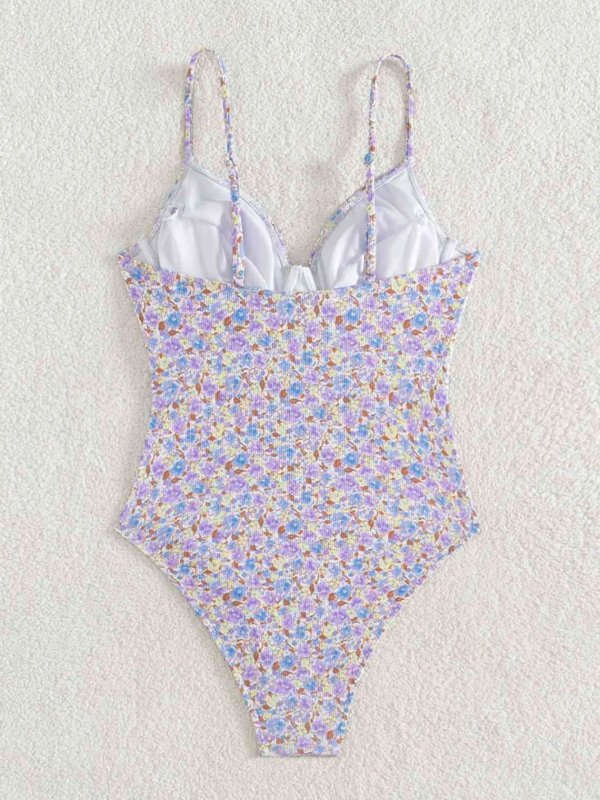 Sale Retro Stage 1950s Ditsy Floral Lace-Up One-Piece Swimsuit Purple