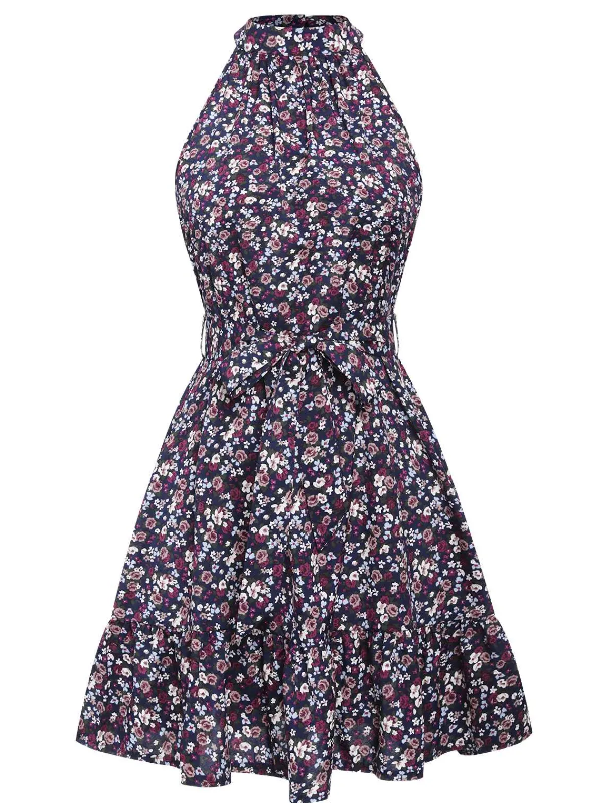 New Retro Stage 1980s Ditsy Floral Sleeveless Dress Purple