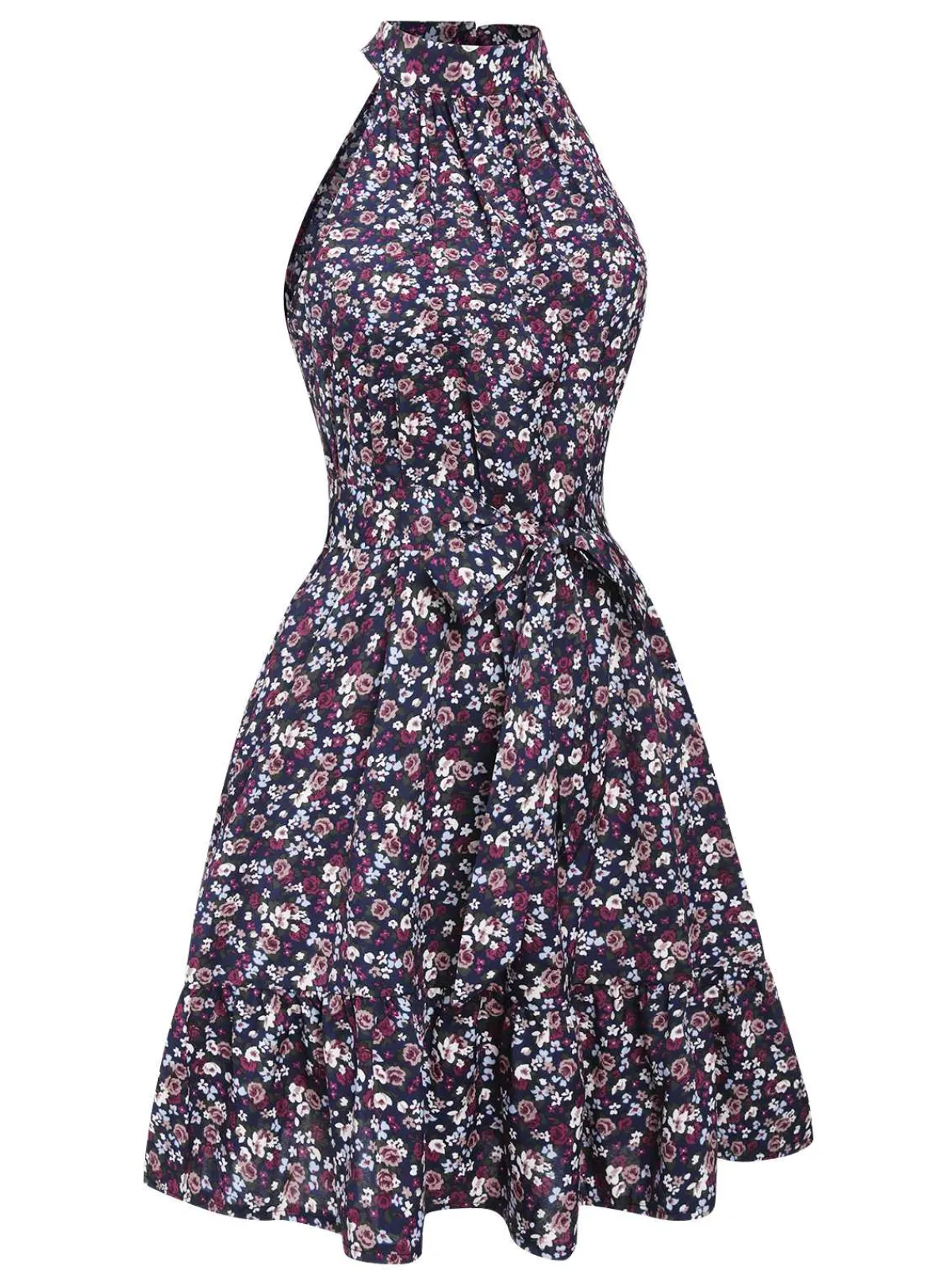 New Retro Stage 1980s Ditsy Floral Sleeveless Dress Purple