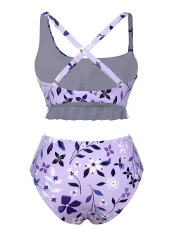 Outlet Retro Stage 1930s Floral Irregular Shoulder Straps Swimsuit Purple