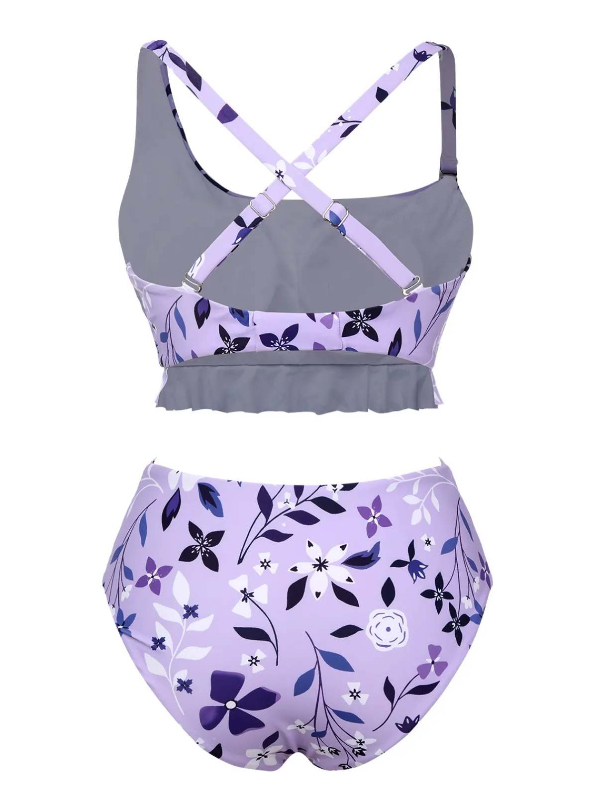 Outlet Retro Stage 1930s Floral Irregular Shoulder Straps Swimsuit Purple