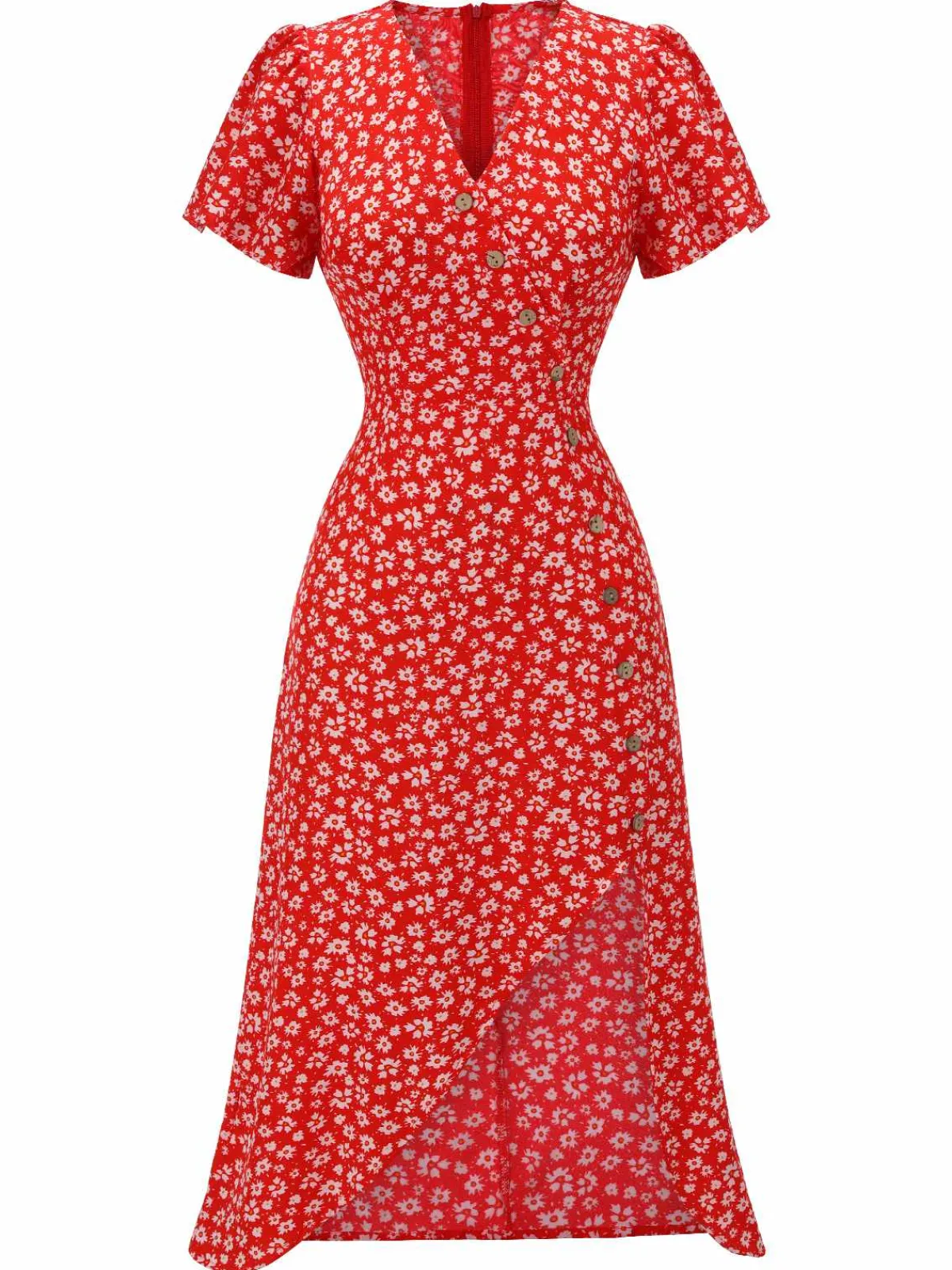 Hot Retro Stage Purple 1940s Floral V-Neck Added Button Dress