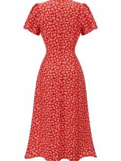 Hot Retro Stage Purple 1940s Floral V-Neck Added Button Dress