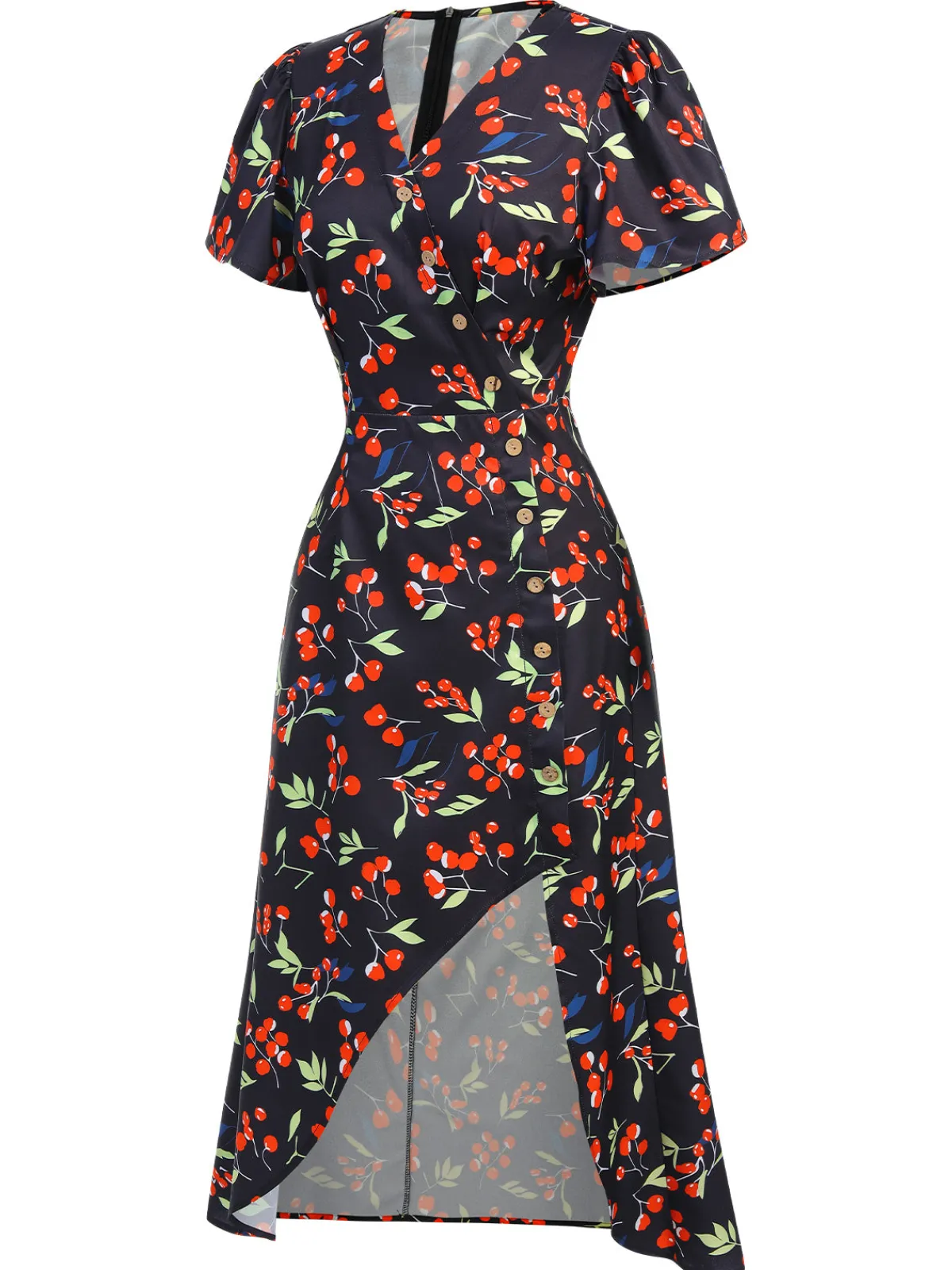 Hot Retro Stage Purple 1940s Floral V-Neck Added Button Dress