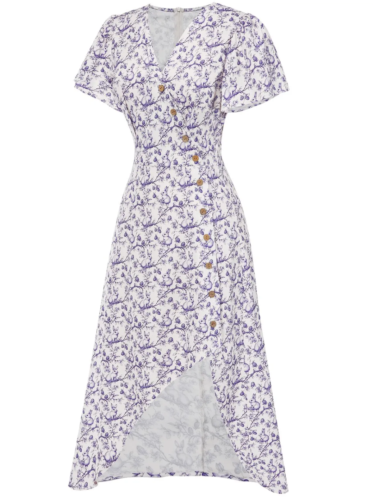Hot Retro Stage Purple 1940s Floral V-Neck Added Button Dress