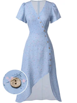 Hot Retro Stage Purple 1940s Floral V-Neck Added Button Dress