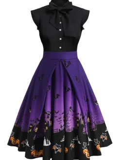 Discount Retro Stage Purple 1950s Halloween Patchwork Dress