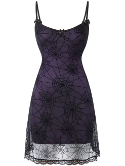 New Retro Stage 1960s Halloween Spider Web Lace Patchwork Dress Purple