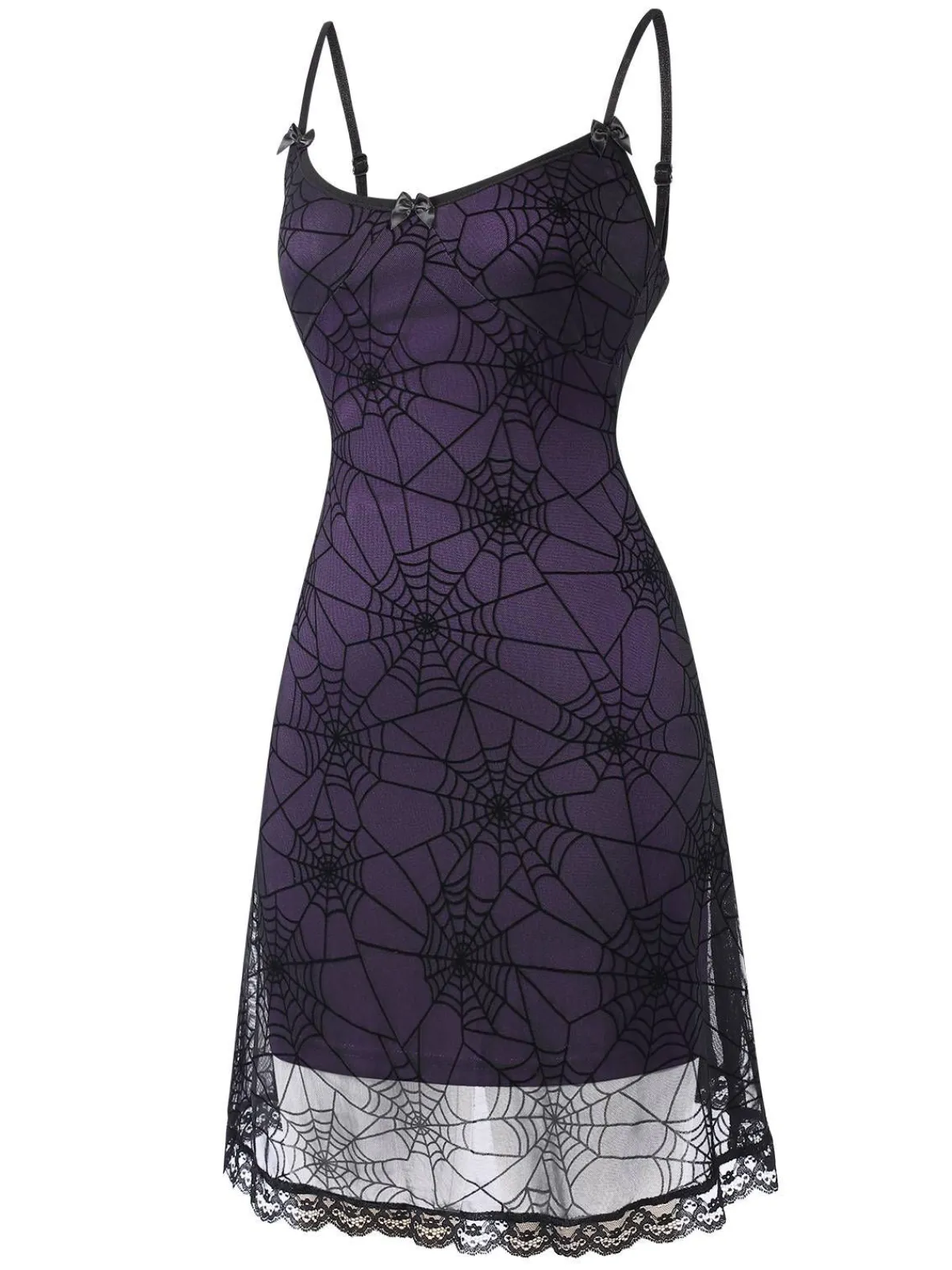 New Retro Stage 1960s Halloween Spider Web Lace Patchwork Dress Purple