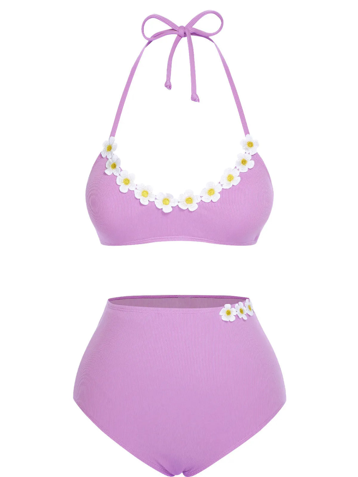 Clearance Retro Stage Purple 1960s Halter Knit Daisy Swimsuit
