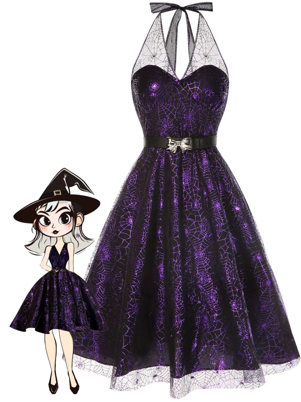 Outlet Retro Stage 1950s Laser Mesh Spiderweb Halter Dress Purple