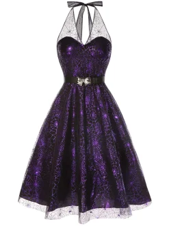 Outlet Retro Stage 1950s Laser Mesh Spiderweb Halter Dress Purple