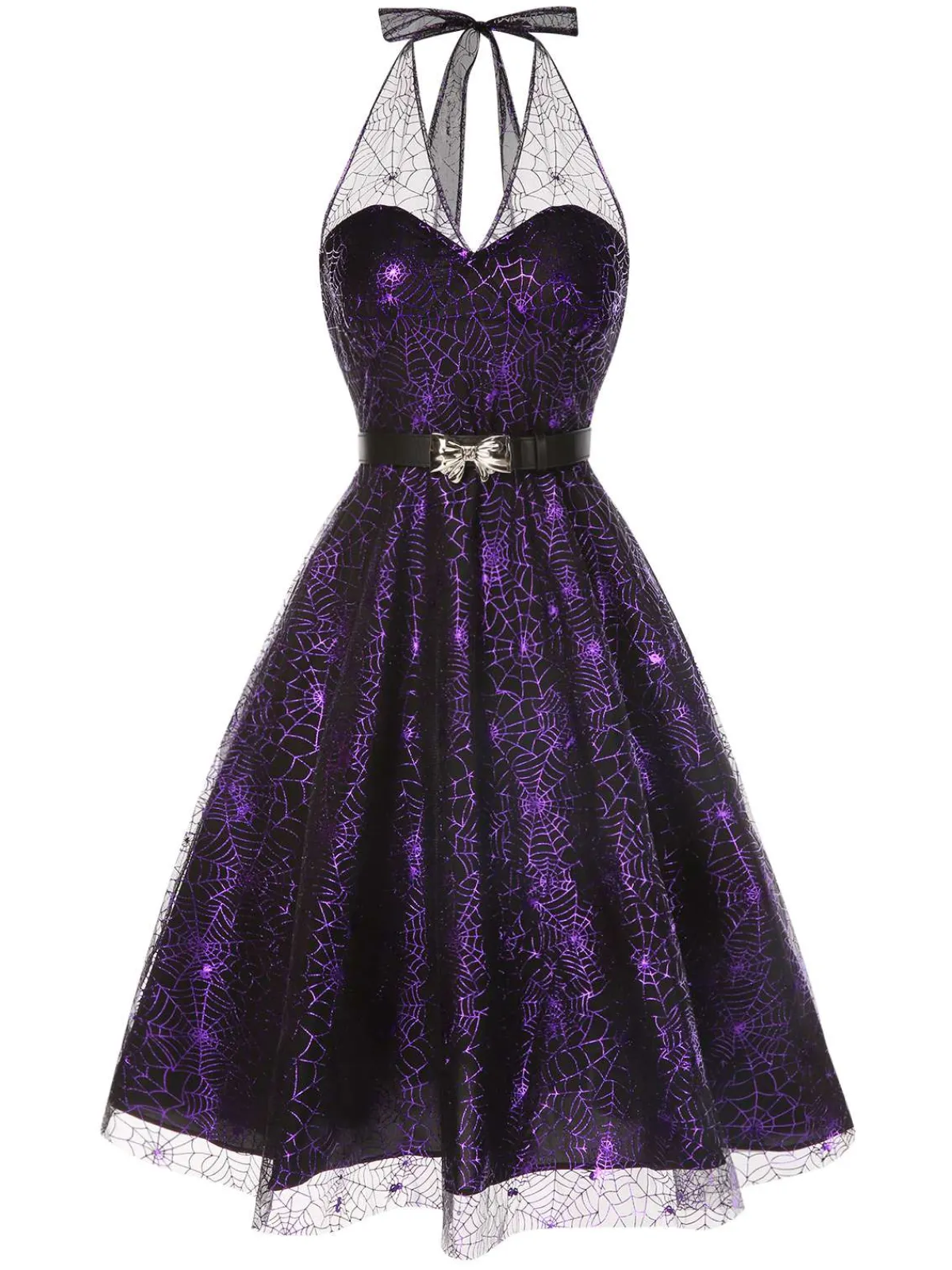 Outlet Retro Stage 1950s Laser Mesh Spiderweb Halter Dress Purple
