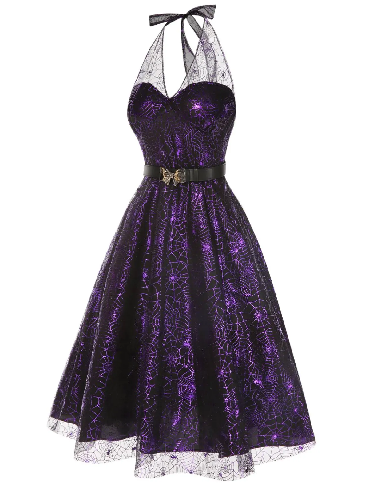 Outlet Retro Stage 1950s Laser Mesh Spiderweb Halter Dress Purple