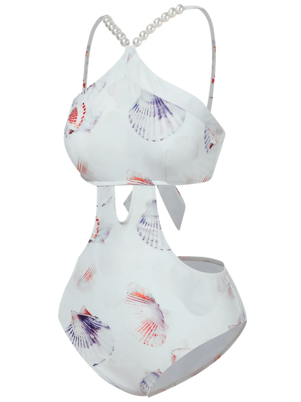 Clearance Retro Stage Purple 1970s Pearl Shell Print Hollow Straps Swimsuit Pale Violet Red