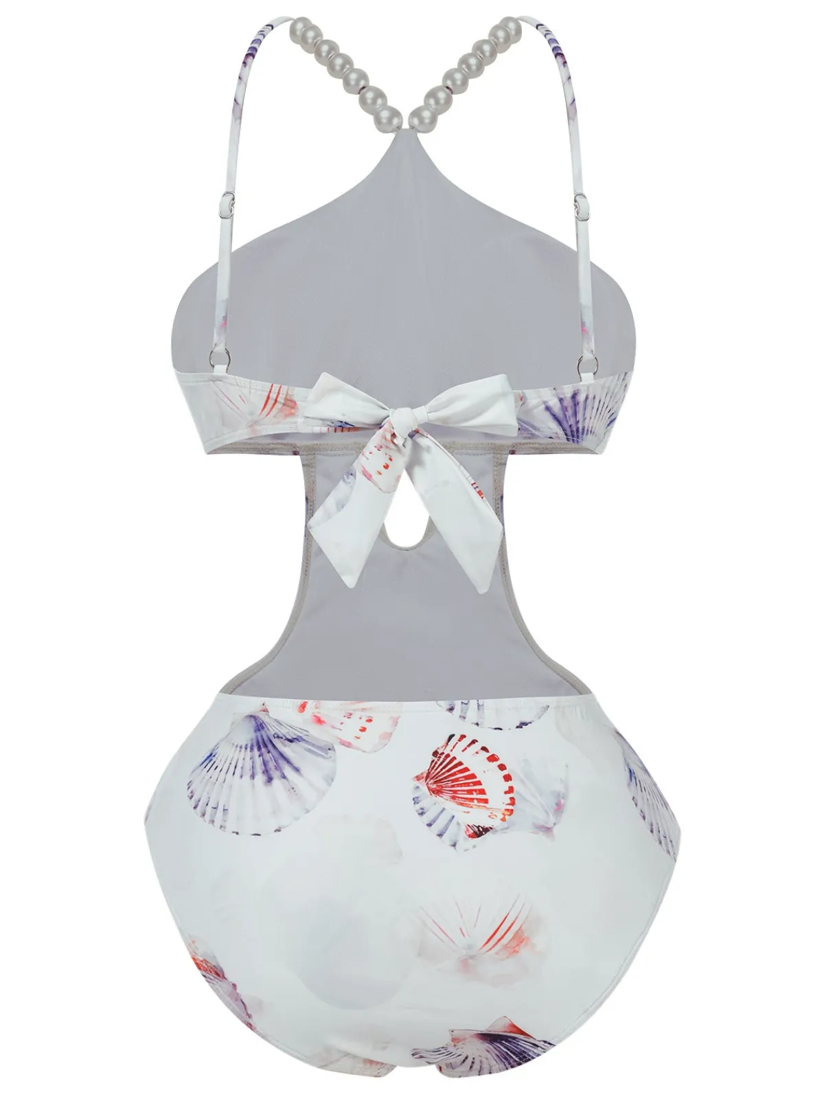 Clearance Retro Stage Purple 1970s Pearl Shell Print Hollow Straps Swimsuit Pale Violet Red