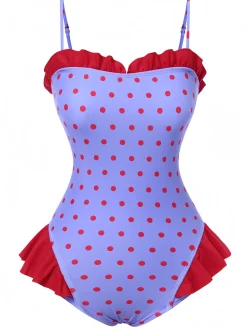 Sale Retro Stage 1950s Polka Dots Ruffles One-Piece Swimsuit Purple