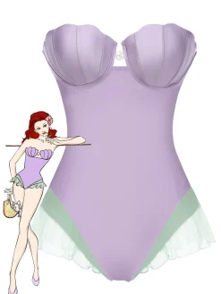 Hot Retro Stage 1970s Shell Mermaid Bandeau One-Piece Swimsuit Purple