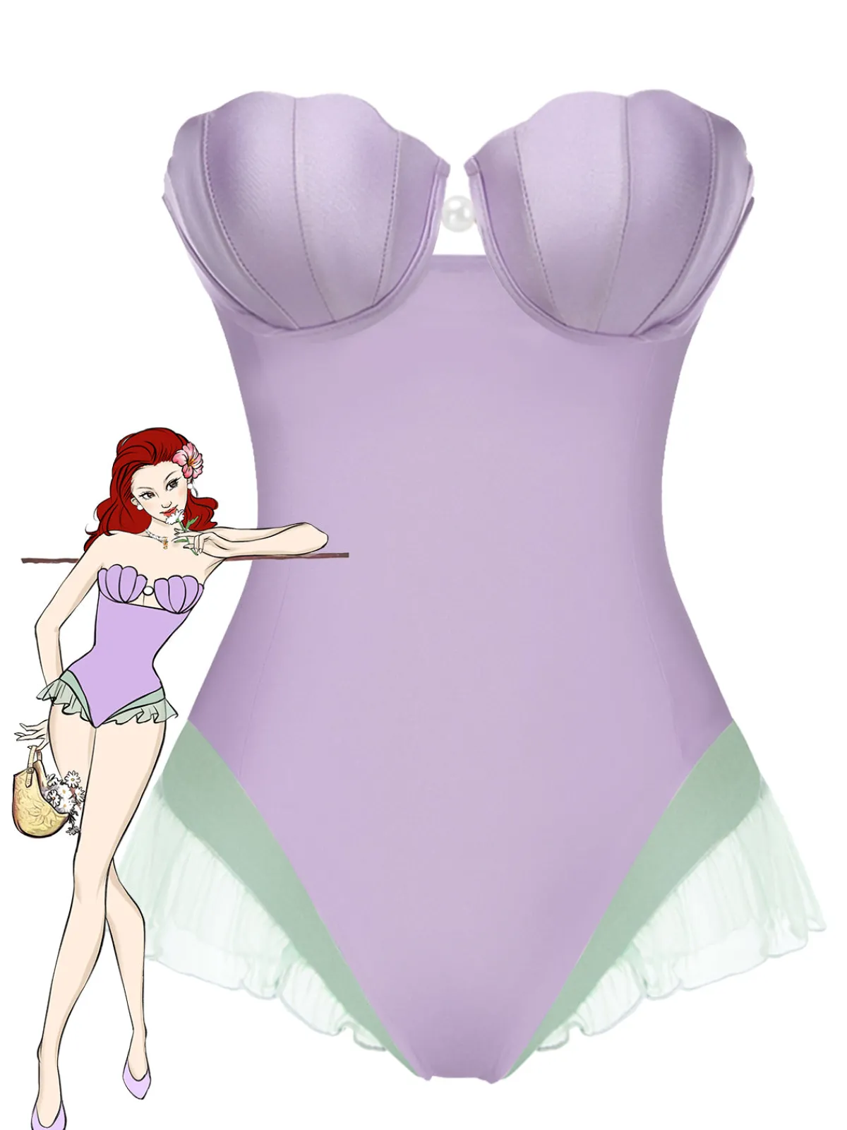 Hot Retro Stage 1970s Shell Mermaid Bandeau One-Piece Swimsuit Purple