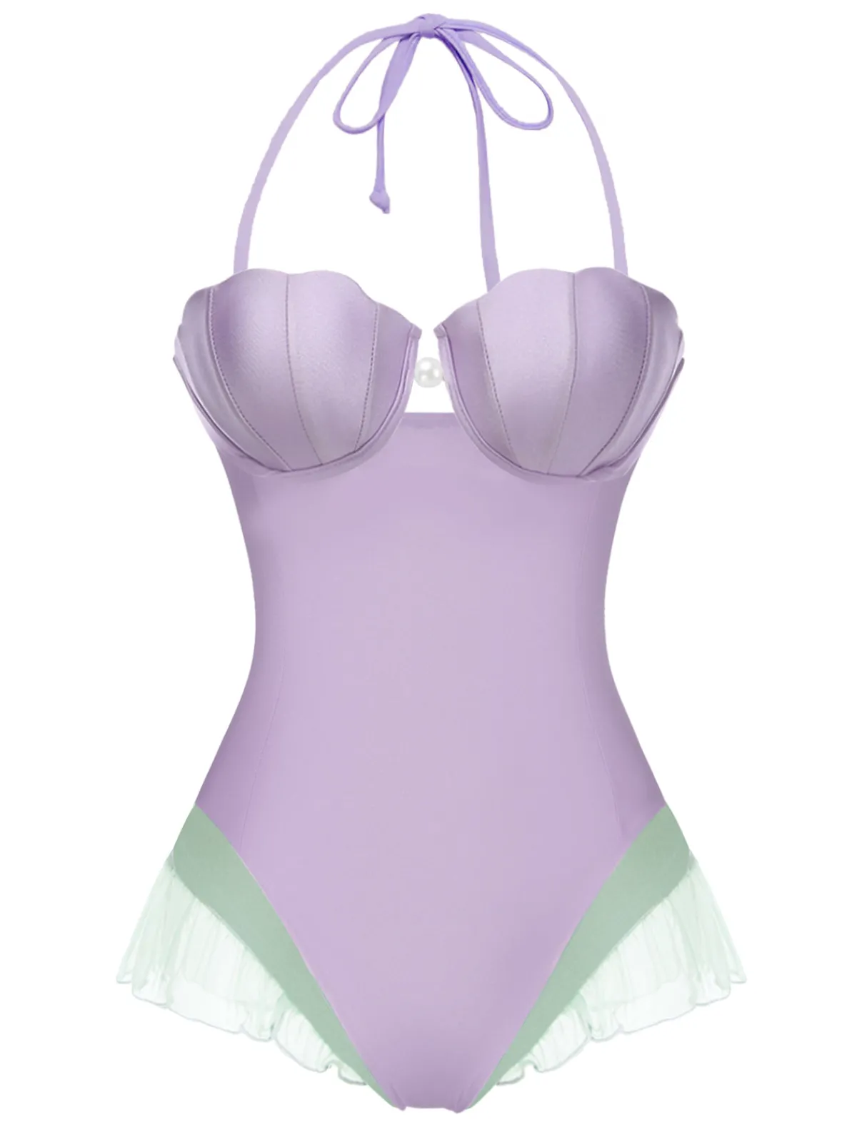 Hot Retro Stage 1970s Shell Mermaid Bandeau One-Piece Swimsuit Purple