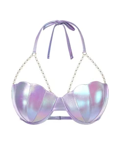 Outlet Retro Stage 1970s Shell Pearl Chain Swim Top Purple