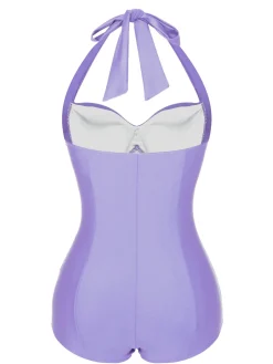 Clearance Retro Stage Purple 1950s Solid Gathered Halter Swimsuit