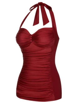 Clearance Retro Stage Purple 1950s Solid Gathered Halter Swimsuit