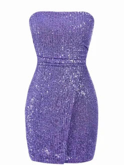 Fashion Retro Stage 1970s Solid Sequined Skinny Dress Purple