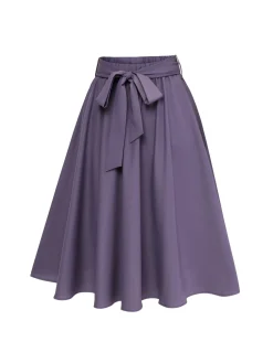 Online Retro Stage 1940s Solid Skirt with Belt Purple