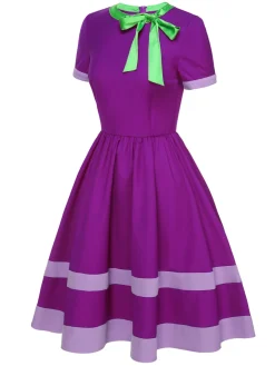 Outlet Retro Stage 1950s Solid Spliced Tie Neck Dress Purple