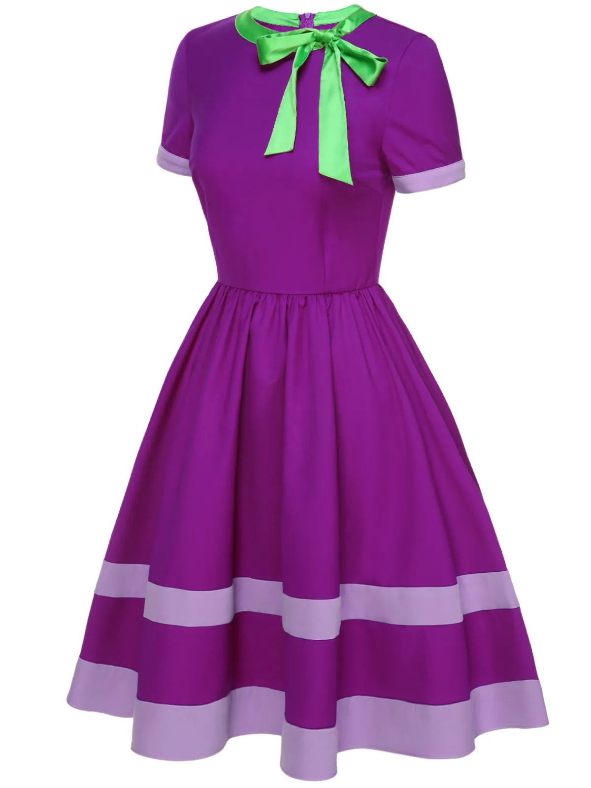 Outlet Retro Stage 1950s Solid Spliced Tie Neck Dress Purple