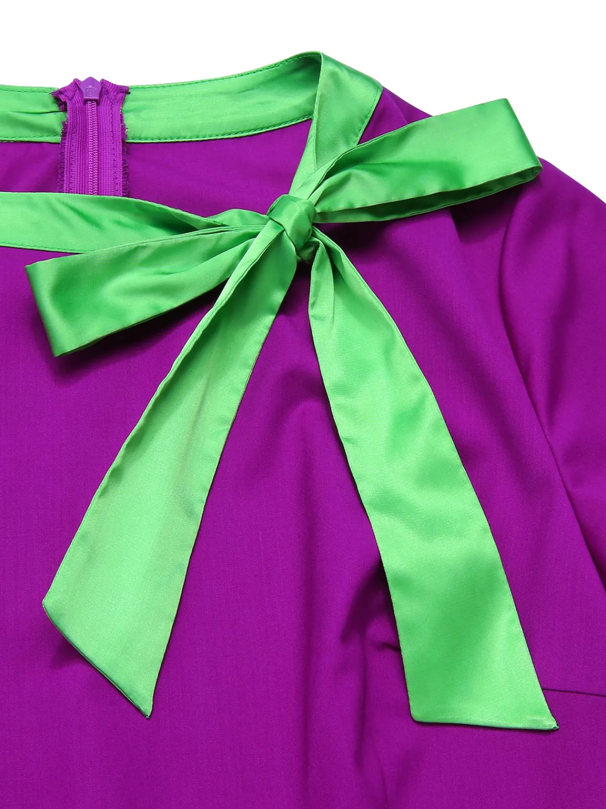 Outlet Retro Stage 1950s Solid Spliced Tie Neck Dress Purple