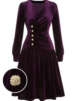 Discount Retro Stage 1940s Solid Velvet Buttons Dress Purple