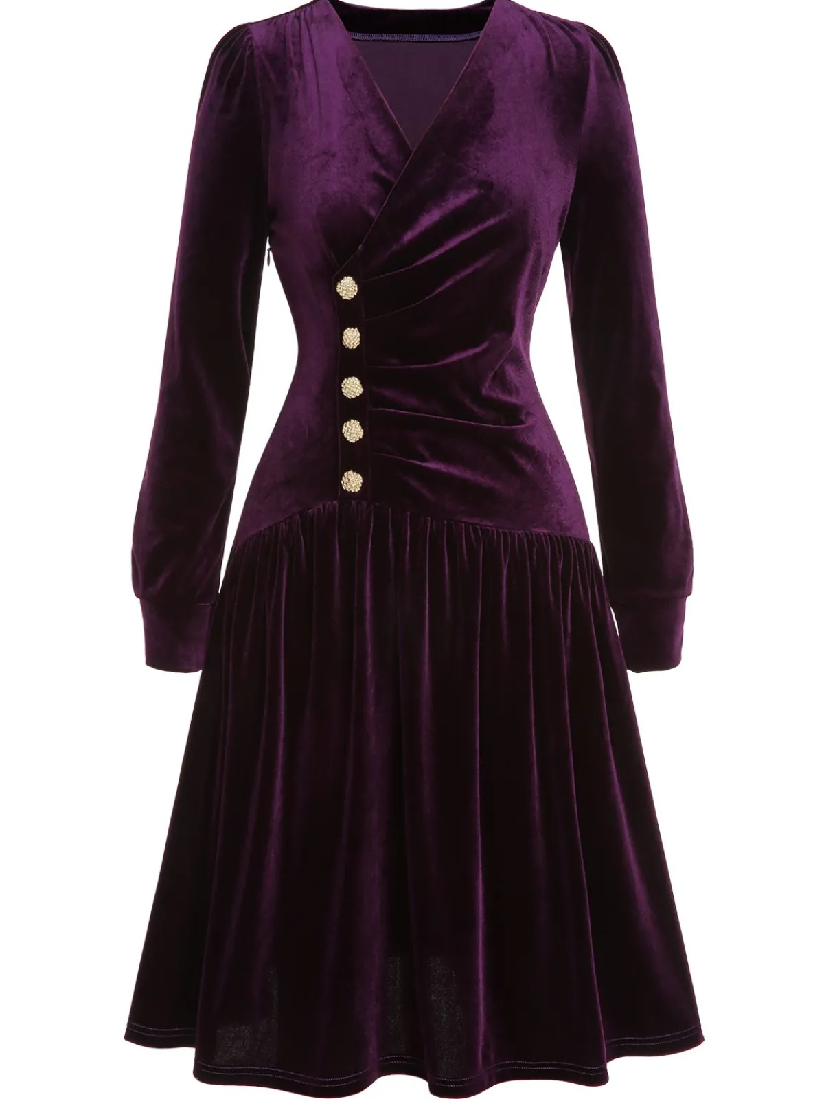 Discount Retro Stage 1940s Solid Velvet Buttons Dress Purple