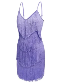 Fashion Retro Stage 1960s Spaghetti Strap Fringe Dress Purple