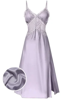 Clearance Retro Stage 1930s Straps Lace Patchwork Satin Nightgown Purple