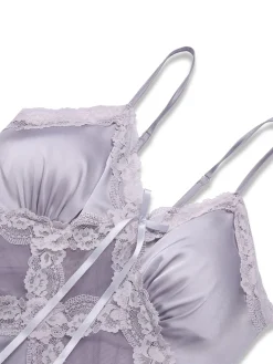 Clearance Retro Stage 1930s Straps Lace Patchwork Satin Nightgown Purple