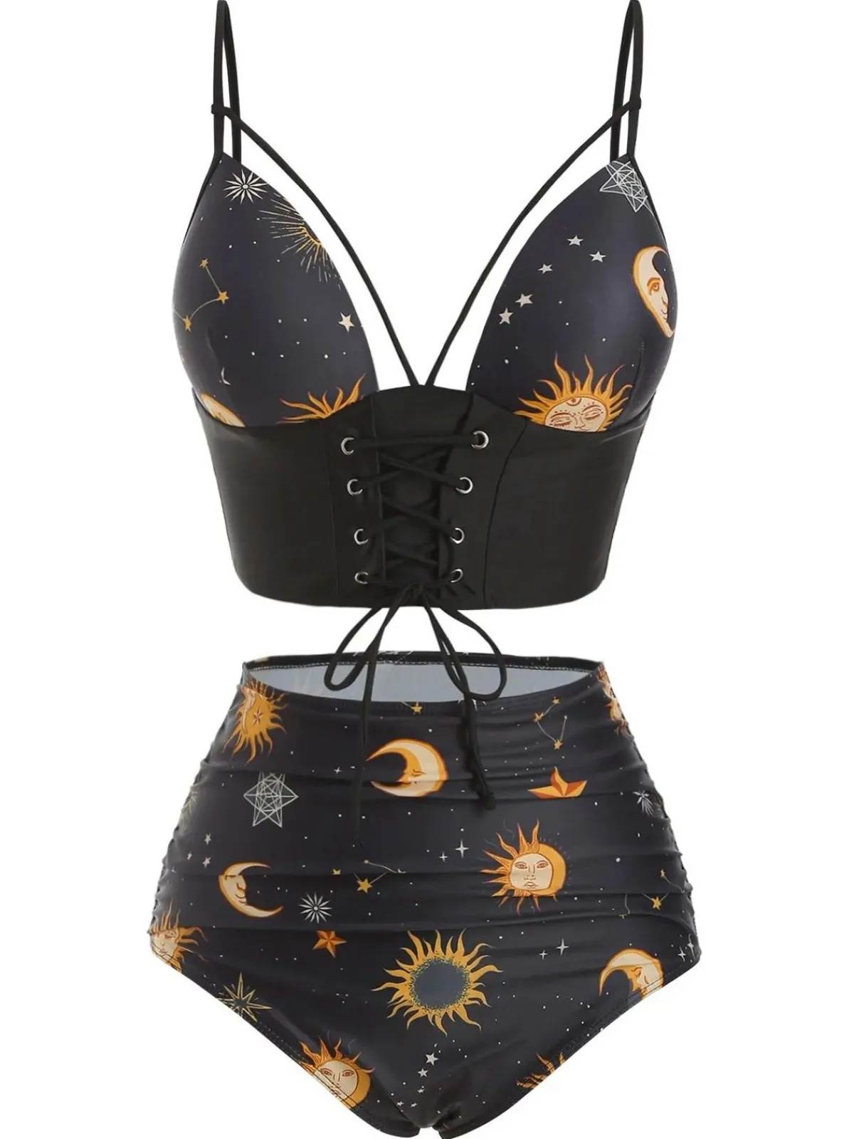 Clearance Retro Stage Purple 1940s Sun Moon Stars Lace-Up Swimsuit