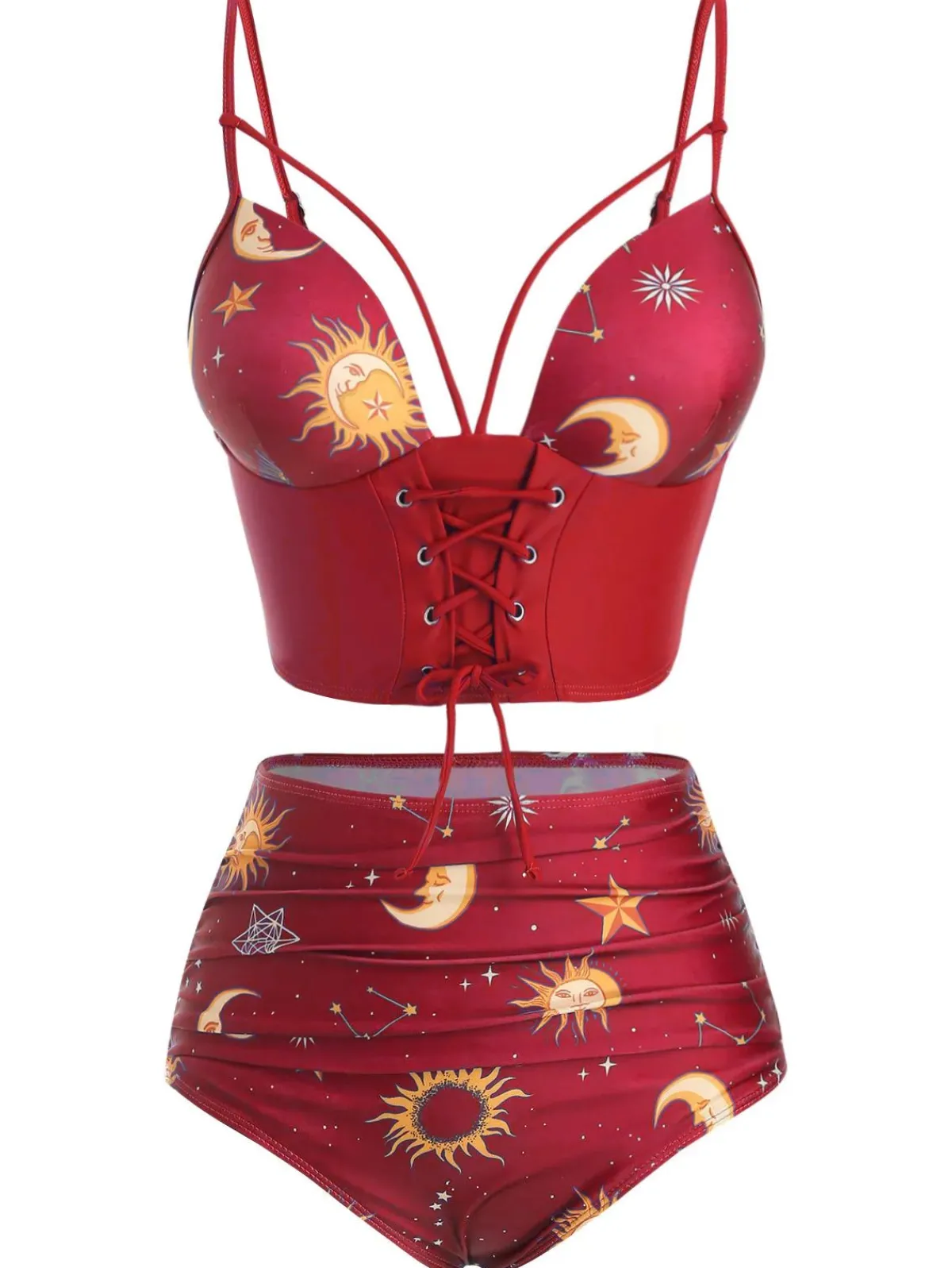 Clearance Retro Stage Purple 1940s Sun Moon Stars Lace-Up Swimsuit