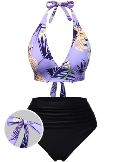 Sale Retro Stage 1960s Tropical Plants Lace-Up Halter Swimsuit Purple