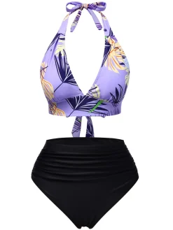 Sale Retro Stage 1960s Tropical Plants Lace-Up Halter Swimsuit Purple