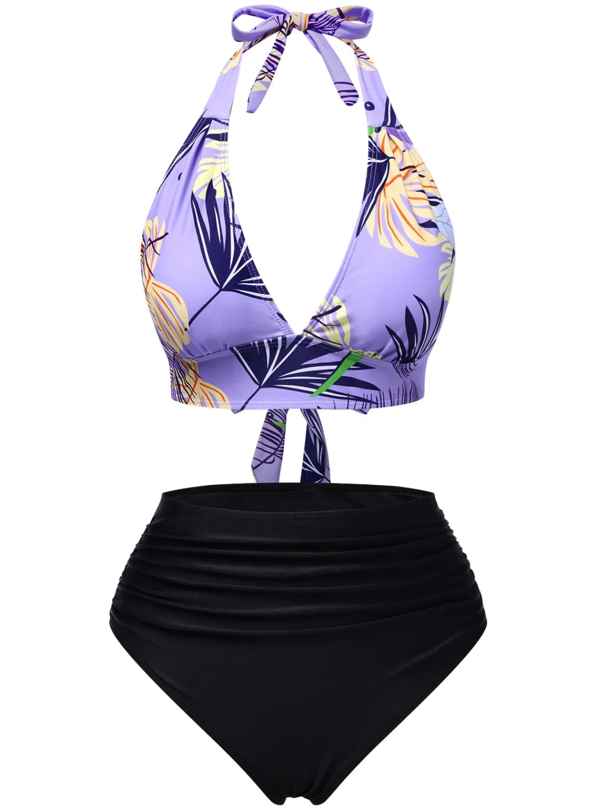 Sale Retro Stage 1960s Tropical Plants Lace-Up Halter Swimsuit Purple