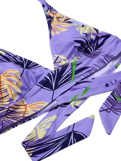 Sale Retro Stage 1960s Tropical Plants Lace-Up Halter Swimsuit Purple
