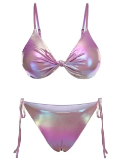Hot Retro Stage 1970s Twist Glossy Bikini Set Purple