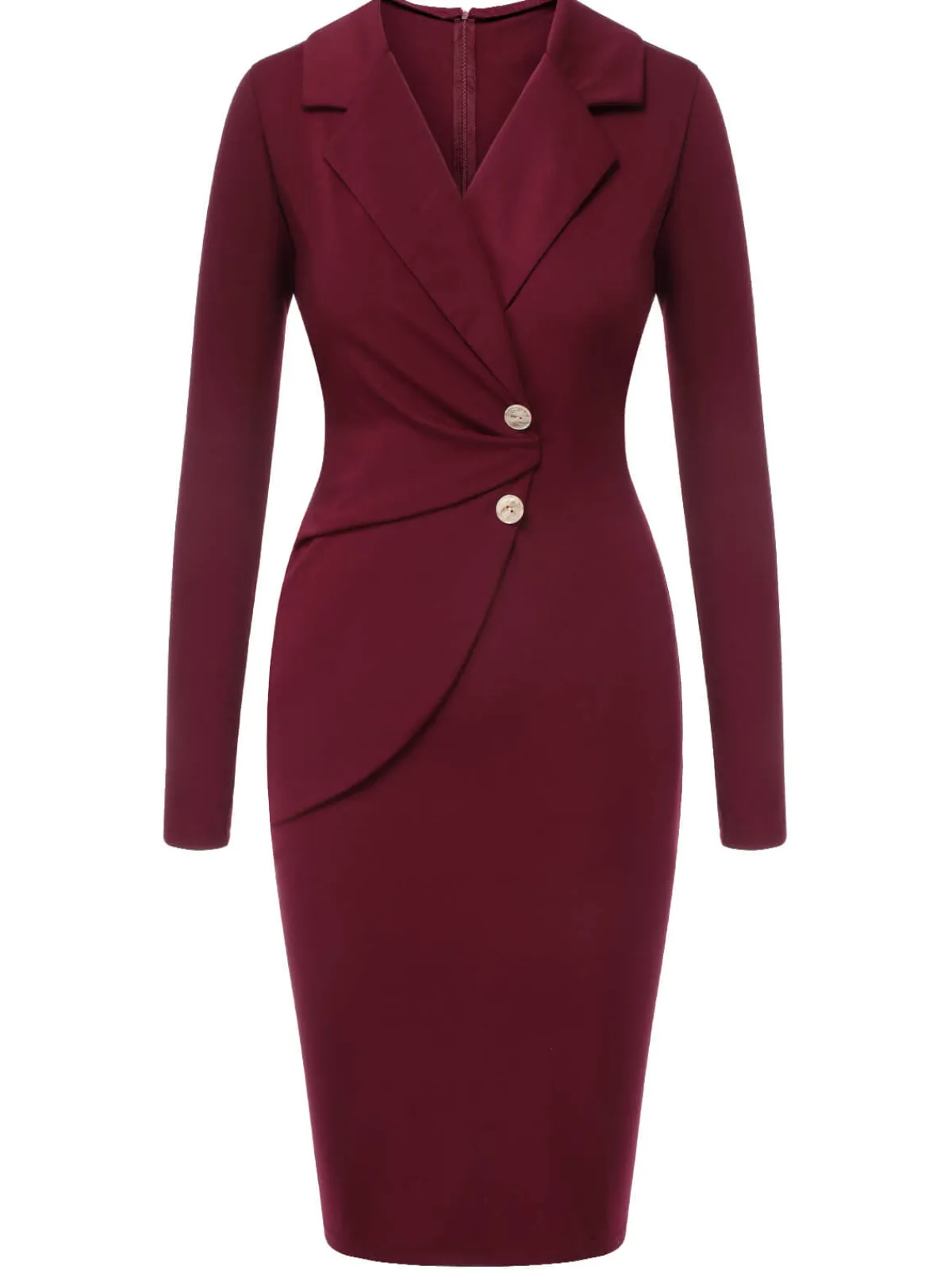 Fashion Retro Stage 1940s Solid Long Sleeved Lapel Dress Purplish Red