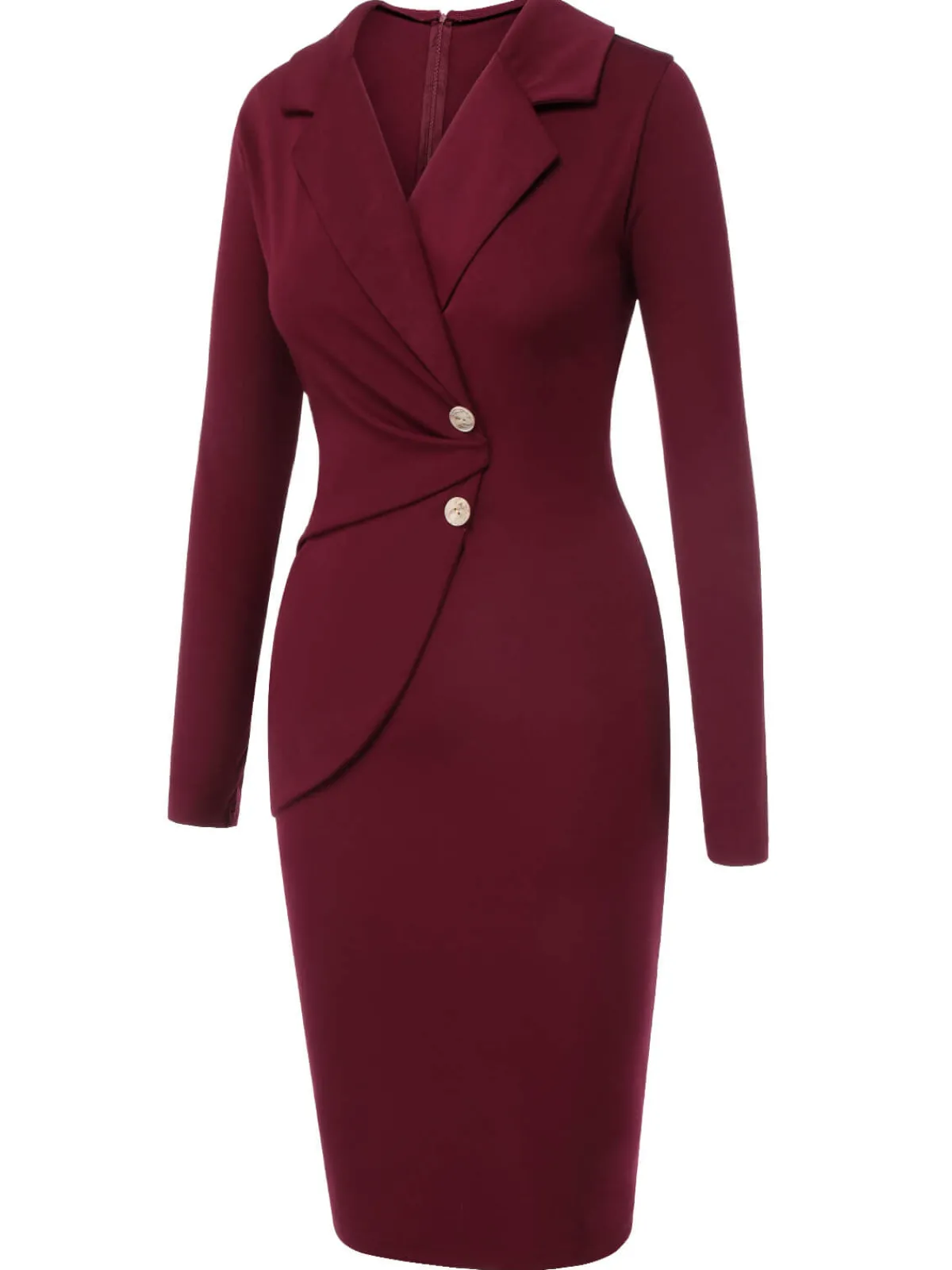 Fashion Retro Stage 1940s Solid Long Sleeved Lapel Dress Purplish Red