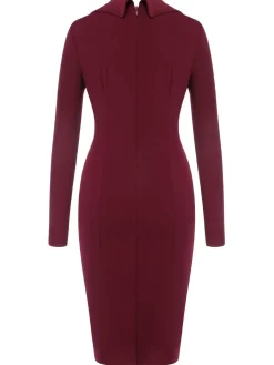 Fashion Retro Stage 1940s Solid Long Sleeved Lapel Dress Purplish Red