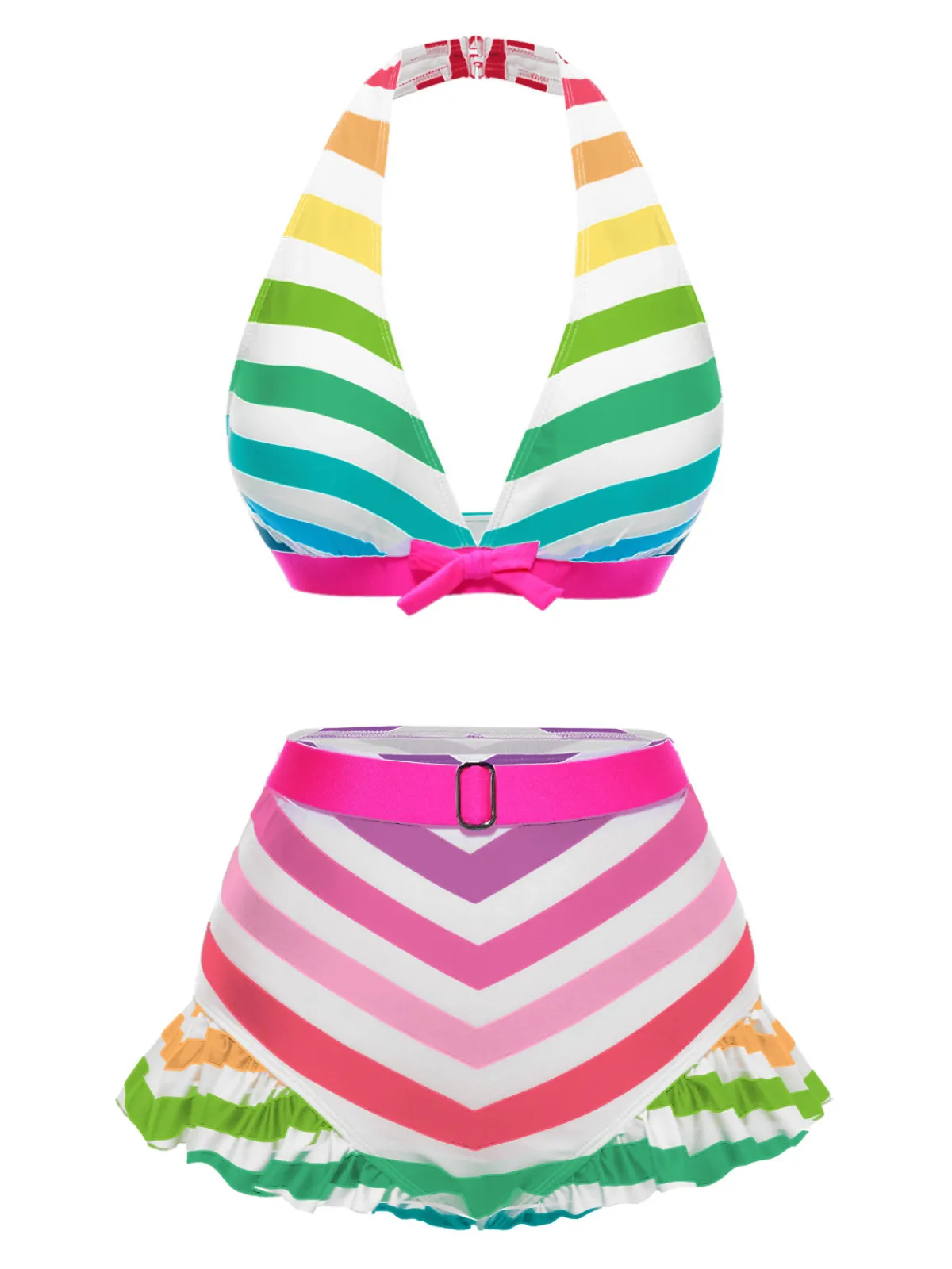 Best Retro Stage Rainbow 1950s Contrast Bow Ruffle Stripes Bikini